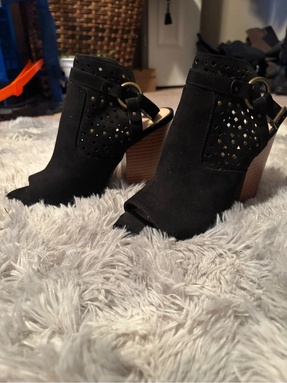 Just Fab Black Peep-Toe Suede Mule with Laser-Cut Detail